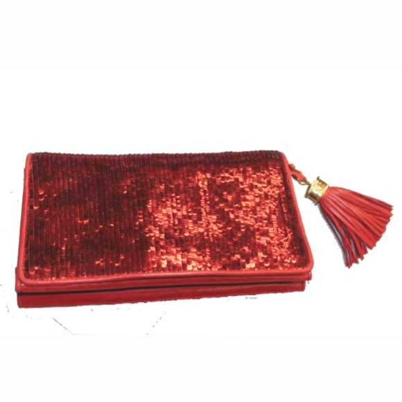CHANEL Rare Vintage Red Sequin Leather Clutch - Picture 1 of 8